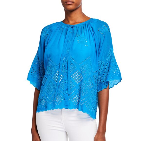 Johnny Was NWT Women's Blue RANDA Scallop Edge Cutout Blouse, Size XLarge